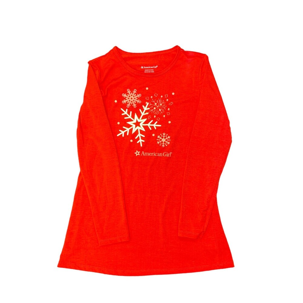 American Girls Snowflake Tee Shirt Girls Size Medium 10/12 Red Long Sleeve Top